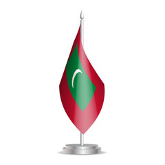 Obraz premium Maldives flag - 3D mini flag hanging on desktop flagpole. Usable for summit or conference presentaiton. Vector illustration with shading.