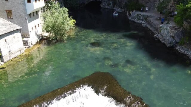 Drony river waterfall in crystal clear water drone video