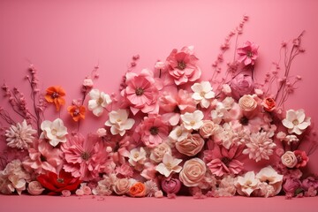 Flowers on pink backdrop. Generative AI
