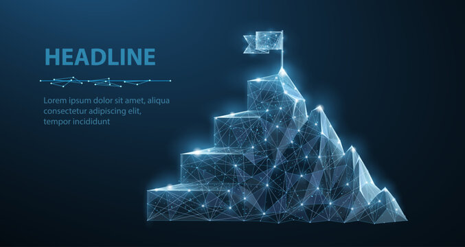 Digital Mountain And Ladder With Flag On Top. Tech Goal Chart, Leadership Path, Digital Technology