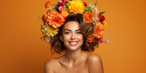 Creative photo of a positive girl with flowers in her hair on a yellow background