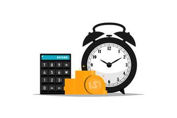 Obraz premium Time refund concept, Alarm clock with calculator, money coin on isolated background, Vector illustration.
