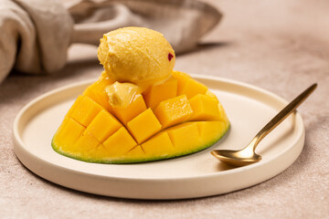 Natural mango ice cream on a slice of ripe mango