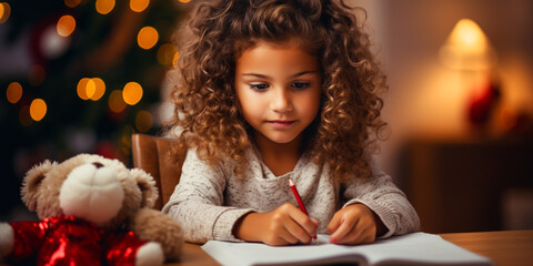 cute girl in pajamas writing a letter to santa claus on Christmas background with lights
