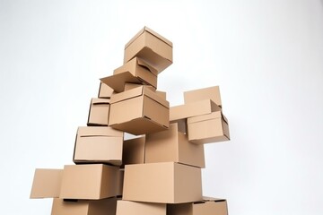 Stacked brown boxes flying on a white background, ideal for storage, logistics, and delivery. Generative AI