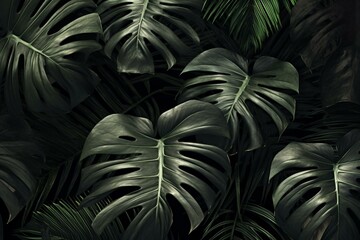Abstract wallpaper featuring black monstera leaves. Generative AI