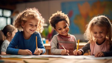 Group of little preschoolers sits at a desk in background of class - Powered by Adobe