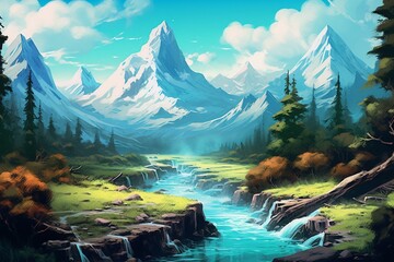Scenic artwork of a surreal landscape featuring a meandering aqua river, lush woodland, and majestic peaks. Generative AI
