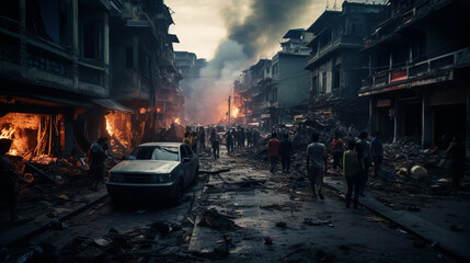 a disarmed city and people who survived a military attack - obrazy, fototapety, plakaty