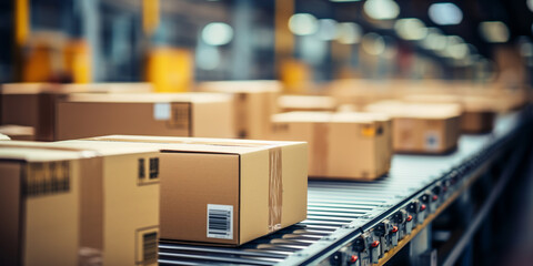 Closeup of multiple cardboard box packages seamlessly moving along a conveyor belt in a warehouse fulfillment center - obrazy, fototapety, plakaty