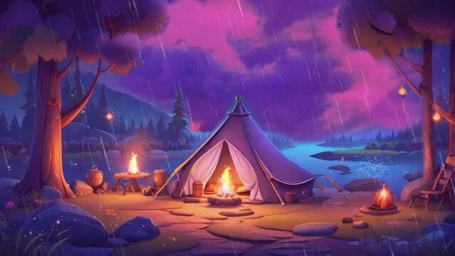 tent in the forest at night, seamless looping video animated background