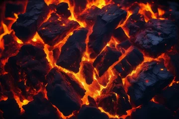 Tuinposter close up view of burning coal close up view of burning coal red charcoal texture background © Shubham