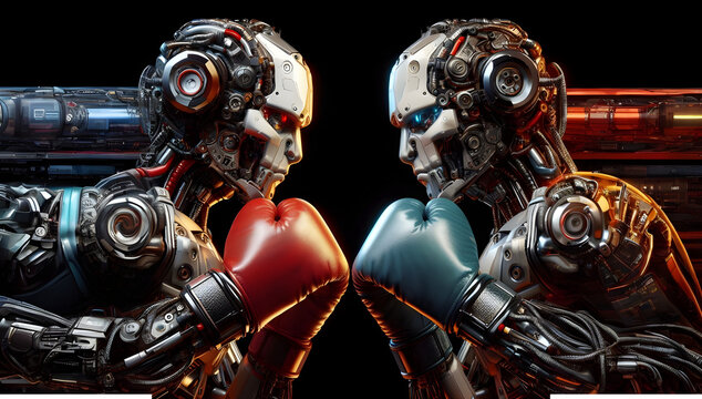 Two Robots Face to Face Wearing Red and Blue Boxing Gloves Depicted as AI Artificial Intelligence Competition