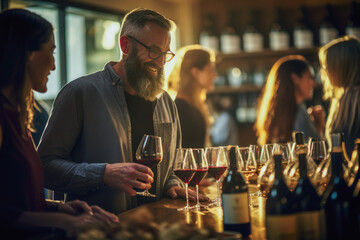 People enjoy a delightful wine tasting experience in a warm and inviting tasting room - obrazy, fototapety, plakaty
