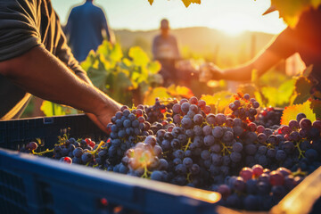 Grape harvest. Vineyard workers meticulously pick ripe grapes amidst the scenic beauty of the...