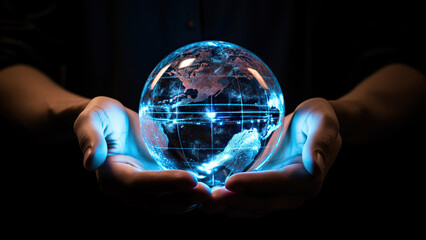 Hand holding touching glowing blue earth hologram on dark black background. Business and innovative technology concept. 