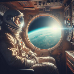 Astronaut in his spaceship observing the Earth from the window