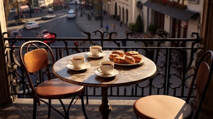Fototapeta na wymiar A circular caf?(C) table with wrought iron legs, set with two cups of coffee and pastries, against a street-view backdrop.