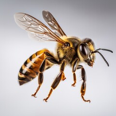 A beautiful bee is flying, alone on colorful background 