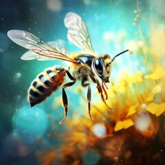 A beautiful bee is flying, alone on colorful background 
