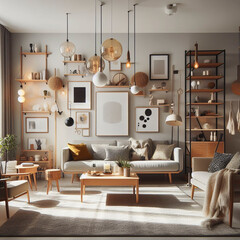 Living room of a cozy apartment decorated with ocher colors