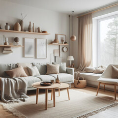 Living room of a cozy apartment decorated with ocher colors