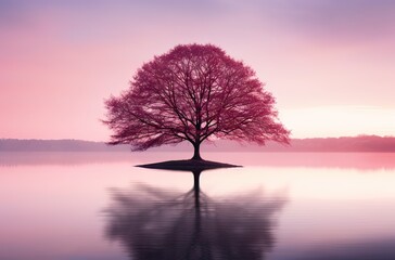 cherry blossom tree in the middle of the lake in a pink sunset, concept peace - Powered by Adobe