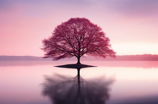 cherry blossom tree in the middle of the lake in a pink sunset, concept peace