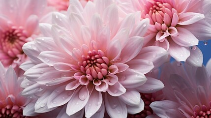 A close-up of a chrysanthemum's intricate petals, displaying subtle gradients of color, with water droplets adding to its charm.