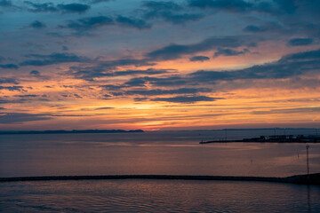 Fototapeta premium Aarhus, Denmark: beautiful sunrise in the harbor of Aarhus