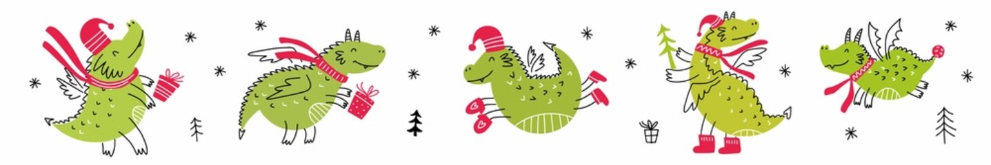 Horizontal collection of cute dragons hand-drawn in the style of doodles