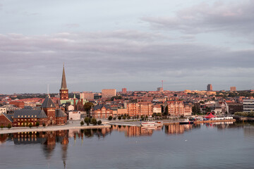 Aarhus, Denmark: Aerial view of waterfront with Aarhus cathedral and historical building Toldboden