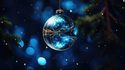 Fototapeta na wymiar Christmas tree decorative ornaments ball Hanging Fir Branch bokeh background. Merry Xmas decoration. Happy New Year holiday object.