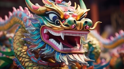 Close up of Chinese Dragon Head performing its traditional dragon dance festival. Chinese New Year celebration 2024..