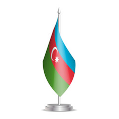 Obraz premium Azerbaijan flag - 3D mini flag hanging on desktop flagpole. Usable for summit or conference presentaiton. Vector illustration with shading.