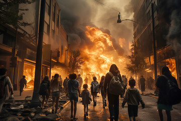 A crowd of people in a destroyed city. City on fire. Innocent civilian running away from missile attack in the city or or natural disaster - obrazy, fototapety, plakaty