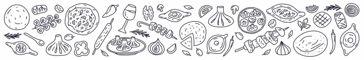 Horizontal illustration from a collection of dishes of traditional Georgian cuisine: shish kebab, khinkali, khachapuri, wine, tortillas. The illustration is hand-drawn with a line in the style of dood - obrazy, fototapety, plakaty