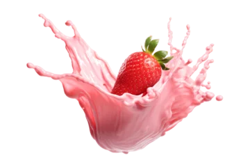 Foto op Plexiglas strawberry milkshake or Falooda drink splash with a strawberry isolated on a transparent background, liquid splash © graphicbeezstock
