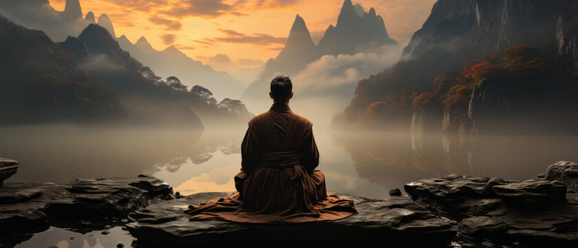 The monk finds solace in the ancient Chinese temple's sacredness, surrounded by misty mountains. He meditates, immersing himself in the profound spirituality of the moment.