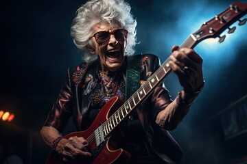 A grandmother with gray hair, a radiant smile, and dark glasses energetically plays her electric guitar and sings on stage