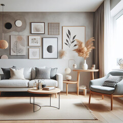 Cozy living room of a modern apartment with minimalist furniture in ocher colors