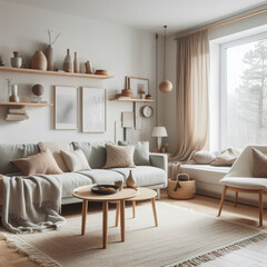 Fototapeta na wymiar Cozy living room of a modern apartment with minimalist furniture in ocher colors
