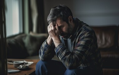 Frustration, mental disorder, broken heart. Mental problems, middle age crisis. Sad upset handsome bearded male sitting on couch crying, covers face with hands in living room interior, copy space