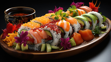 A Platter of Refreshing and Colorful Sushi Rolls with a Variety of Fillings and Garnishes on Blurred Background