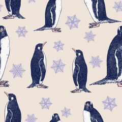 Penguin vector seamless pattern. Cute penguins hand drawn with pen and ink on paper.