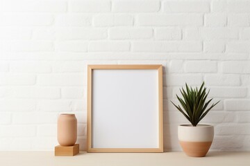 Bright wooden frame on shelf with plants and pots against empty wall. Generative AI
