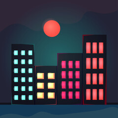 city at night - high-rise buildings with a multicolor windows - vector illustration