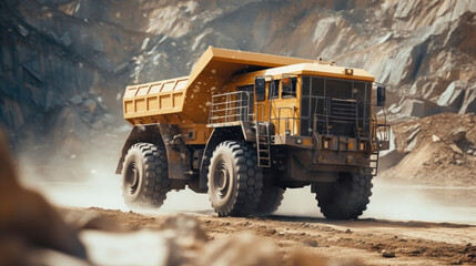 Yellow truck driving in lithium mine - obrazy, fototapety, plakaty