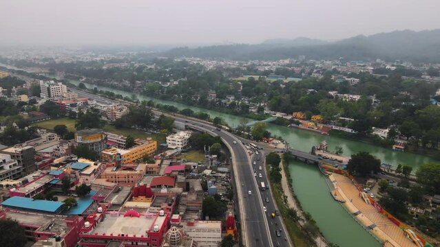 Aerial view of the Holy City Haridwar in Uttarakhand situated on the banks of the holy River Ganga. Developing India concept. Showing a great way to explore India via the well-developed Road Network.