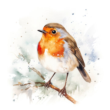 European robin perched on a branch in the snow. Digital watercolour illustration on white background.